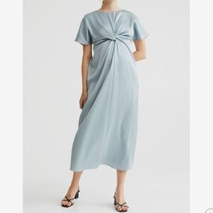 H&M MAMA Knot Steel Blue Satin Short Sleeve Maxi Dress